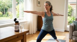A middle-aged woman smiling while practicing a yoga pose in a sunny living room, with a bottle of Black Cohosh supplement on a nearby table.
