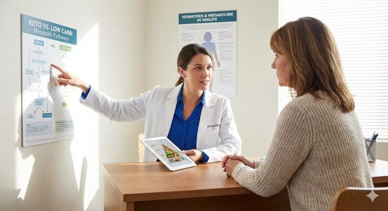 A female nutritionist in a bright clinical office points to a "Keto vs. Low Carb: Metabolic Pathways" chart, explaining diet differences to a midlife woman.