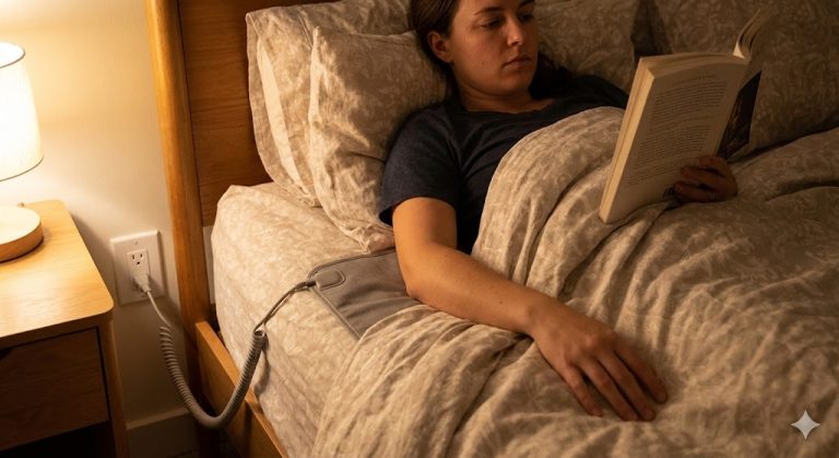 A person lying in bed reading, with their arm resting on an earthing mat connected to a wall outlet.