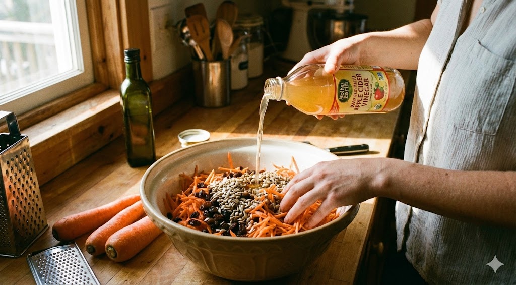 A person pouring apple cider vinegar onto a raw carrot, raisin, and seed salad in a rustic kitchen.