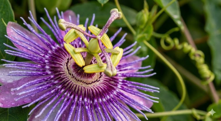 A close-up photograph of a vibrant purple passionflower bloom with visible stamens and dew droplets, highlighting natural flavonoid sources in botanical extracts.