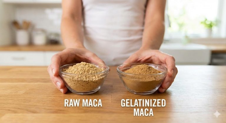 A side-by-side comparison of bowls containing raw maca powder and gelatinized maca powder held by a person.