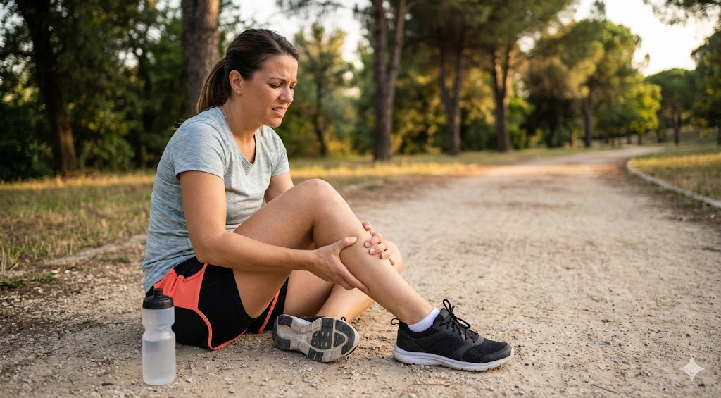 A woman in athletic wear sits on a dirt path clutching her calf in pain from a muscle cramp.