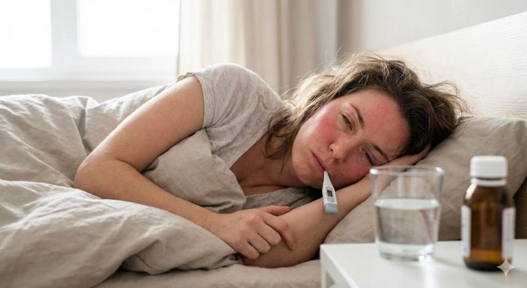 A sick person lying in bed with a thermometer in their mouth, looking flushed.
