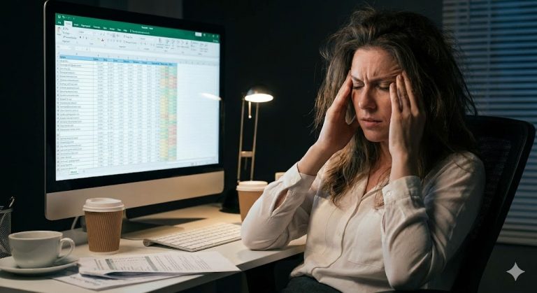 An exhausted woman rubs her temples while sitting at a desk late at night in front of a computer screen displaying a spreadsheet.