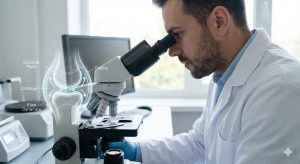 A scientist uses a microscope in a lab, accompanied by a diagram illustrating synovial fluid flow and cartilage within a knee joint capsule.