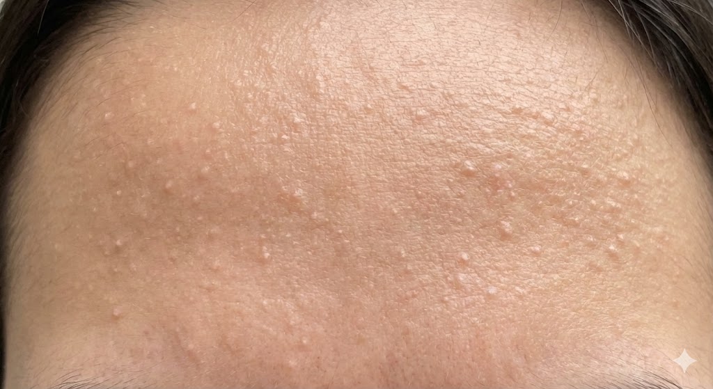 Close-up view of a person's forehead skin showing uniform, tiny, skin-colored bumps, often referred to as closed comedones or textured skin.