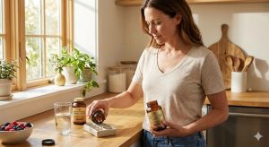 A woman in her 40s prepares her daily multi-mineral and wellness supplement routine, filling a pill organizer from amber bottles in a sunlit kitchen.