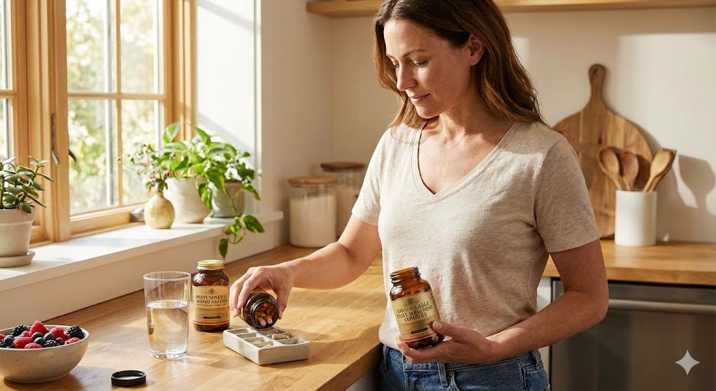A woman in her 40s prepares her daily multi-mineral and wellness supplement routine, filling a pill organizer from amber bottles in a sunlit kitchen.