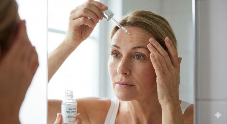 A middle-aged woman with visible forehead wrinkles applying Hyaluronic Acid Serum from a dropper bottle to her forehead while looking in a bathroom mirror.