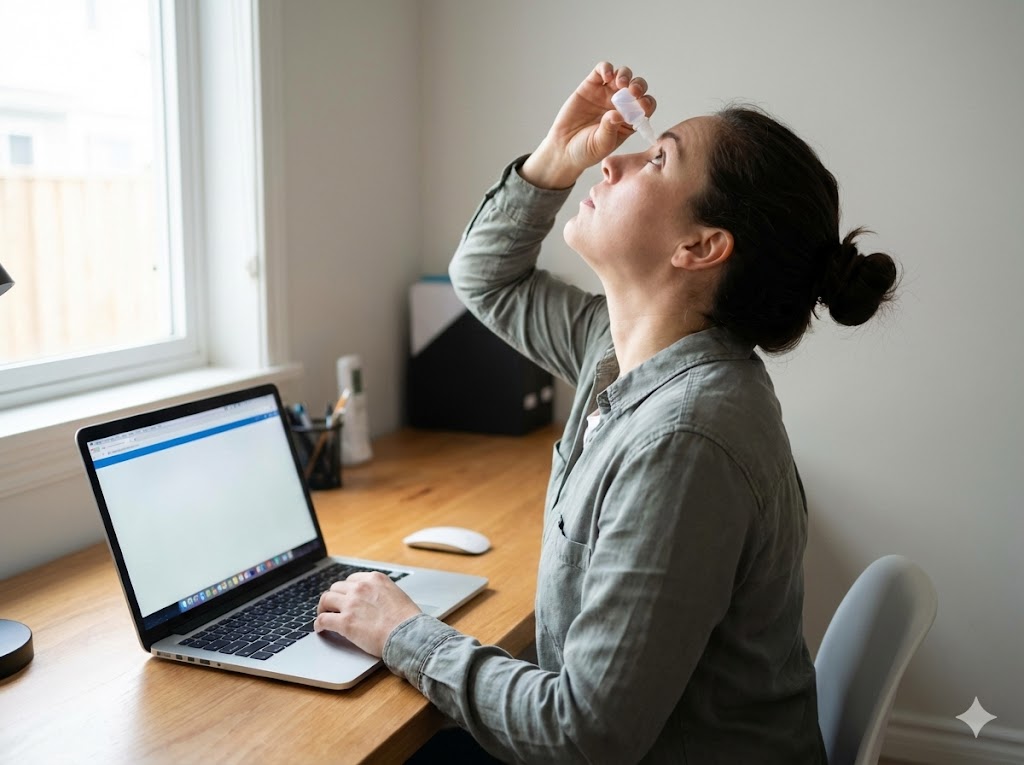 A woman applying eye drops while sitting at a wooden desk in front of an open laptop.