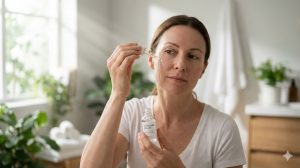Woman in her 40s applying squalane serum to her face in natural bathroom light.