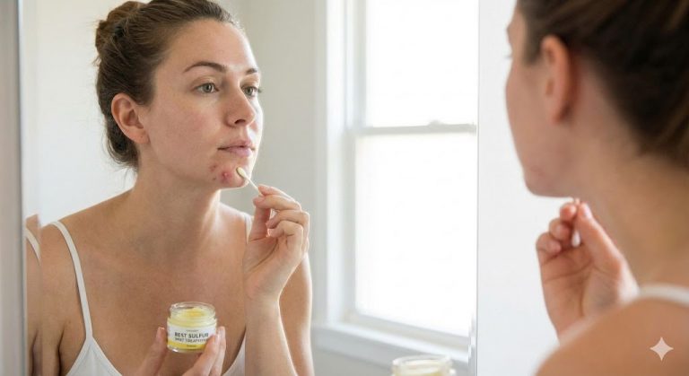 A woman applying "Best Sulfur Spot Treatment" to acne on her chin using a cotton swab in a bathroom mirror.