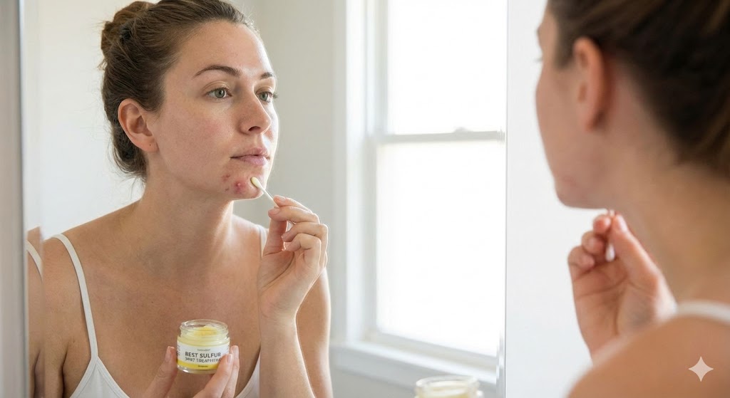A woman applying "Best Sulfur Spot Treatment" to acne on her chin using a cotton swab in a bathroom mirror.