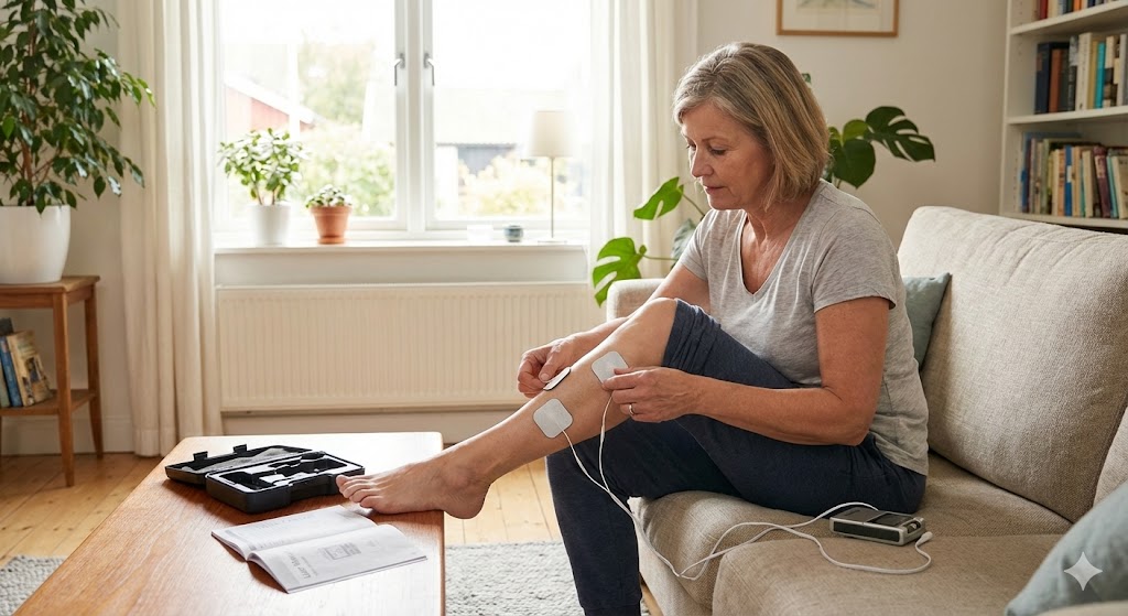 A woman in her 50s applies electrode pads from a TENS unit to her lower leg for peripheral neuropathy pain relief, seated in a bright living room.