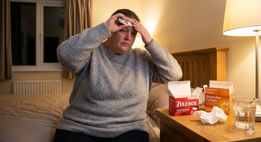 A sick woman in a bedroom checks her temperature with a digital thermometer on her forehead, with boxes of Tylenol and Ibuprofen on the nightstand.