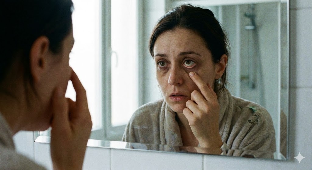 A tired-looking woman in a robe checking the pale inner part of her eyelid in a bathroom mirror.