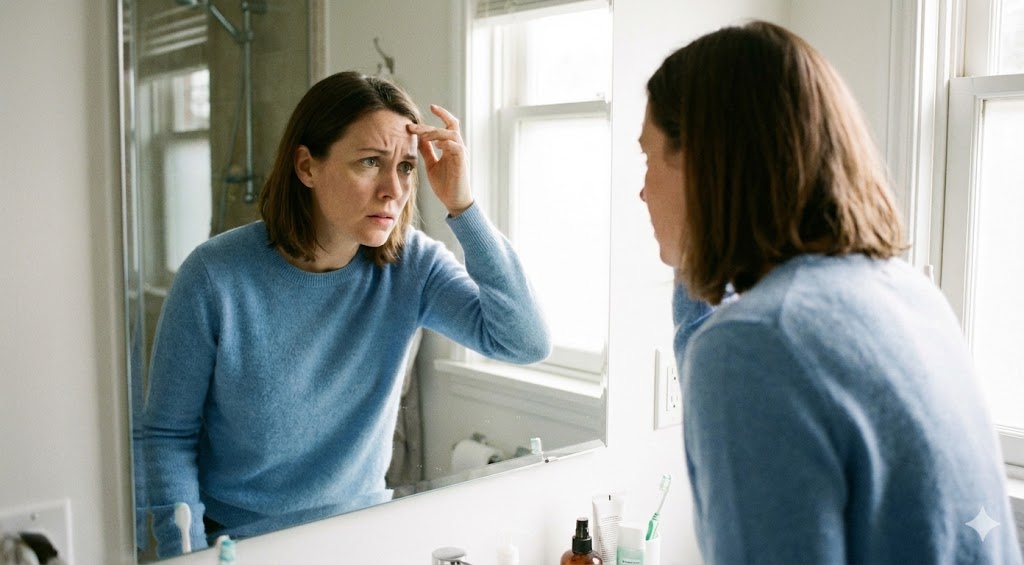 A woman with a concerned expression looking in a bathroom mirror and touching her forehead.
