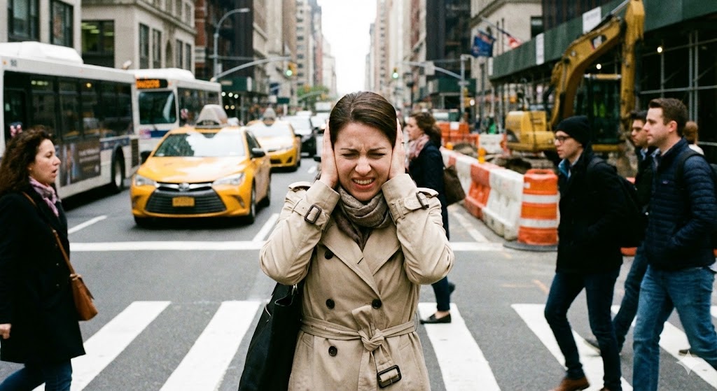 A woman stands in a busy city crosswalk covering her ears in discomfort from loud traffic noise.