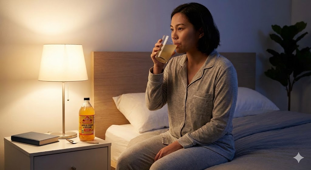 A woman in pajamas sits on a bed in a dimly lit room, drinking a glass of water with apple cider vinegar from the bottle on her nightstand before sleep.