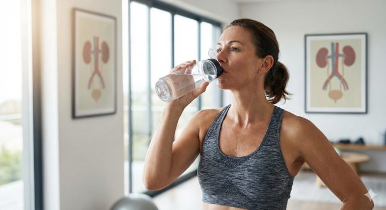 A woman in her 40s drinks water from a bottle after exercise in a sunlit room, with a kidney anatomy diagram poster in the background.