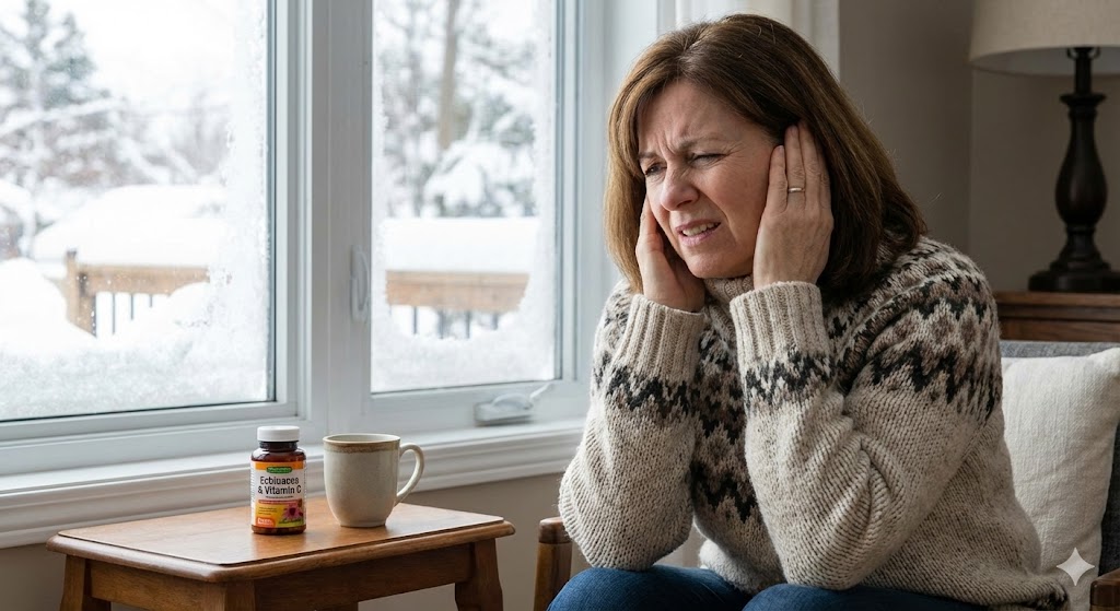 A middle-aged woman in a winter sweater holds her ears in pain by a snowy window, with a bottle of Echinacea & Vitamin C supplements on a table next to her.