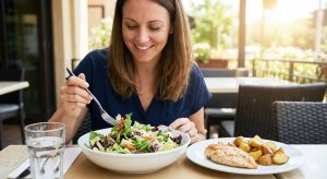 A smiling woman eats a large green salad before her main meal of grilled chicken and roasted potatoes at an outdoor restaurant table, demonstrating the practice of food sequencing.