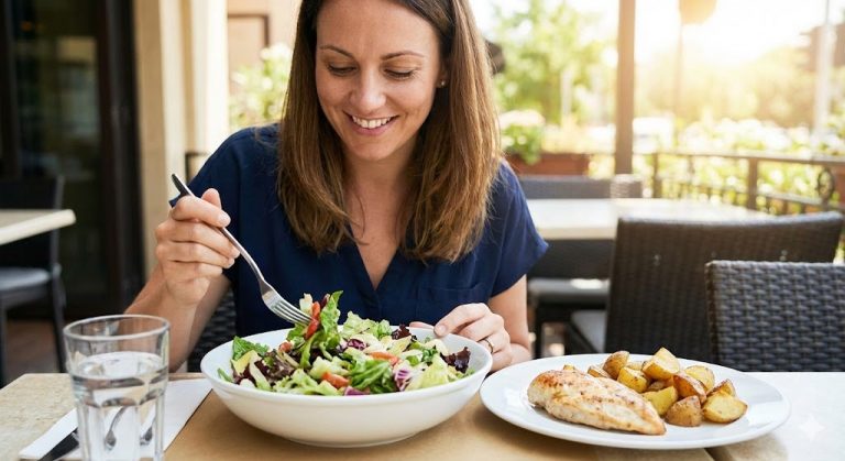 A smiling woman eats a large green salad before her main meal of grilled chicken and roasted potatoes at an outdoor restaurant table, demonstrating the practice of food sequencing.
