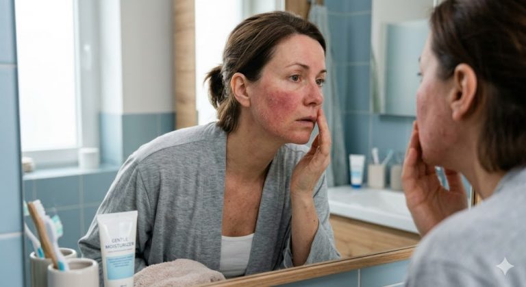 Woman with facial redness looking in a bathroom mirror, examining her irritated skin and touchng her inflamed cheek.