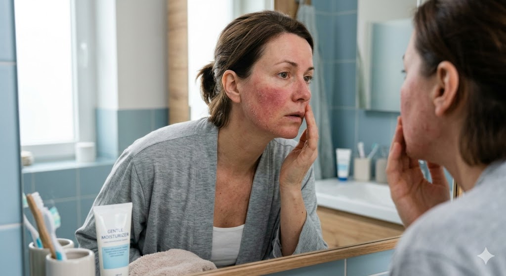 Woman with facial redness looking in a bathroom mirror, examining her irritated skin and touchng her inflamed cheek.