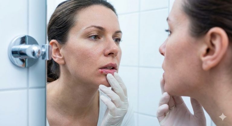 A woman wearing a glove examines a fever blister on her lower lip in a bathroom mirror.