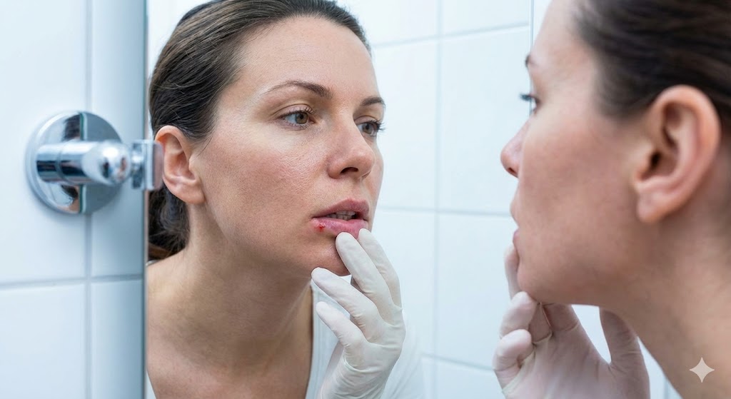 A woman wearing a glove examines a fever blister on her lower lip in a bathroom mirror.