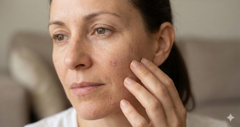 A close-up photograph of a woman touching her cheek, showing natural skin texture, pores, and some blemishes, representing the concept of understanding skin health beyond acne.