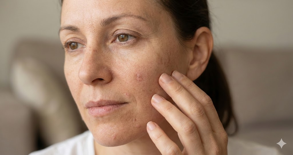 A close-up photograph of a woman touching her cheek, showing natural skin texture, pores, and some blemishes, representing the concept of understanding skin health beyond acne.