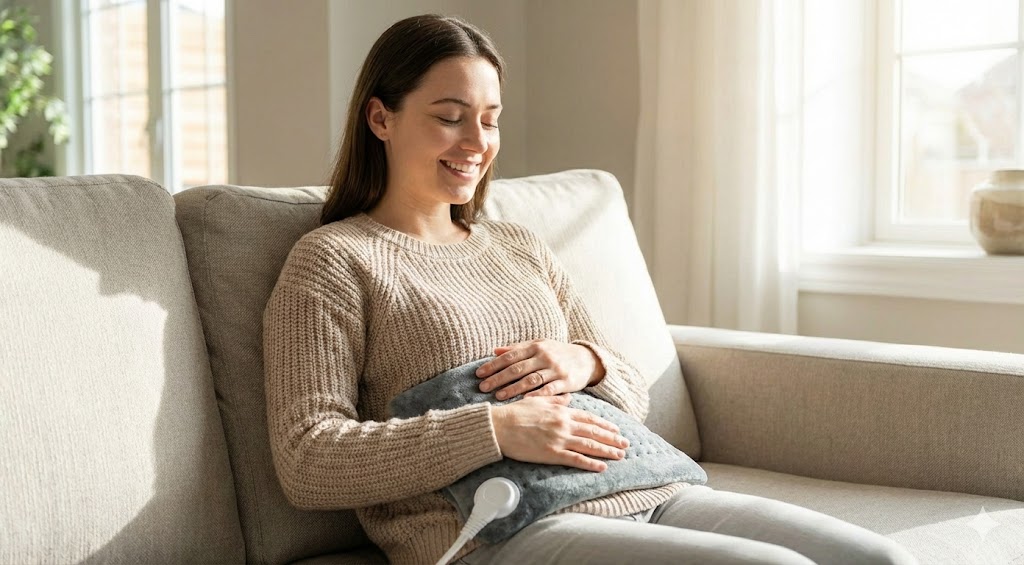 A young woman smiling with relief as she holds a grey electric heating pad to her abdomen while sitting on a beige sofa.