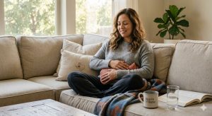 A woman in her 30s sits on a couch, holding a hot water bottle to her lower abdomen for relief from PMS symptoms like cramps and bloating.