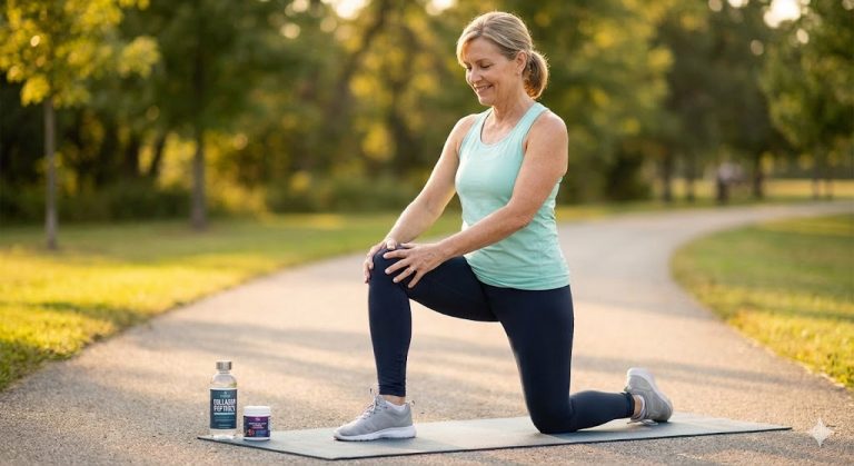 Middle-aged woman stretching her knee outdoors near collagen peptide supplements, illustrating joint mobility support.