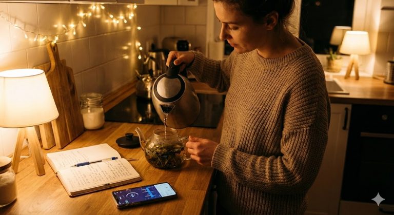 A woman preparing herbal tea in a warmly lit kitchen at night, with an open journal and a smartphone displaying a sleep tracker app visible on the counter.