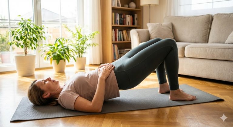 A woman in her 40s performing a glute bridge pelvic floor exercise on a yoga mat in a bright living room, focusing on core engagement and breathing.