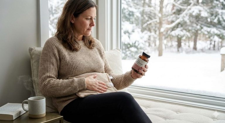 A woman in her 40s sits by a snowy window, using a heating pad and reading the label of a "PMS Comfort" supplement bottle to manage menstrual discomfort naturally.