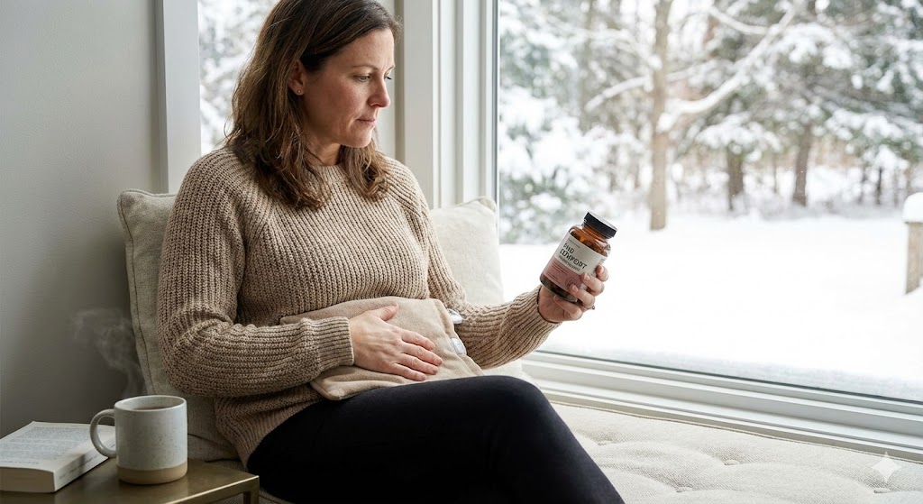 A woman in her 40s sits by a snowy window, using a heating pad and reading the label of a "PMS Comfort" supplement bottle to manage menstrual discomfort naturally.