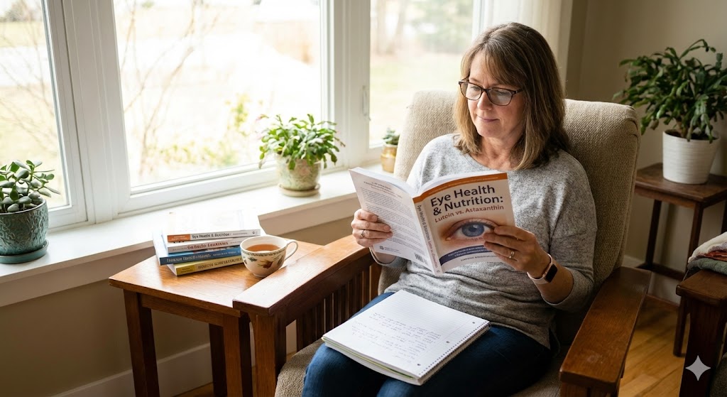 A woman in her 50s reads a book titled "Eye Health & Nutrition: Lutein vs. Astaxanthin" while sitting in a chair by a large window with natural light.