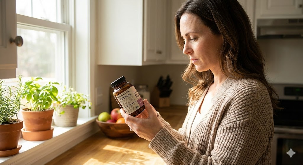 A woman in her 40s carefully reading the ingredients label of a thyroid and hormone supplement bottle near a window in a sunlit kitchen.