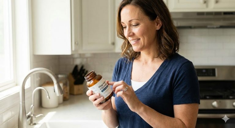 A woman in her 40s smiles as she holds and reads the label on a bottle of Magnesium Glycinate supplements in a kitchen.