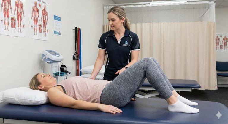 A female physical therapist instructing a patient on pelvic floor exercises in a clinical setting.