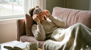 A woman relaxing on a pink sofa, covered in a blanket, holding a patterned sleep mask to her eyes in a sunlit room.