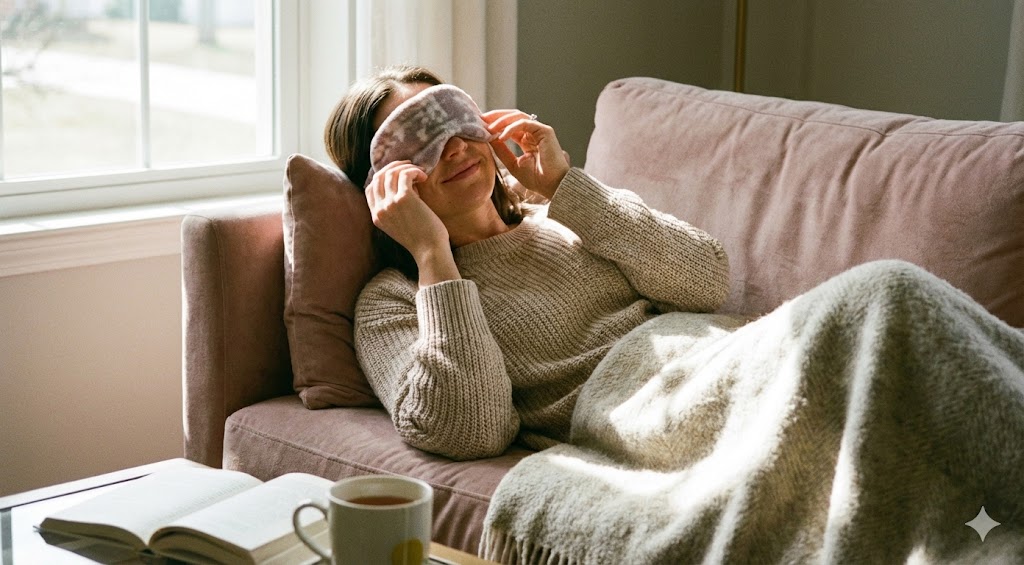 A woman relaxing on a pink sofa, covered in a blanket, holding a patterned sleep mask to her eyes in a sunlit room.