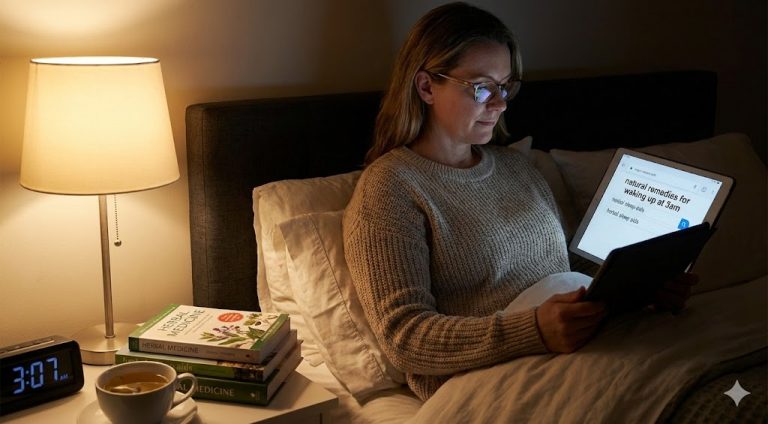A woman in bed at night, holding a tablet and researching natural remedies for waking up at 3am. A clock reads 3:07 AM.