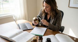 A woman in a blazer sits at a desk, using a magnifying glass to examine a supplement bottle label, with medical notes on PCOS and weight management nearby.