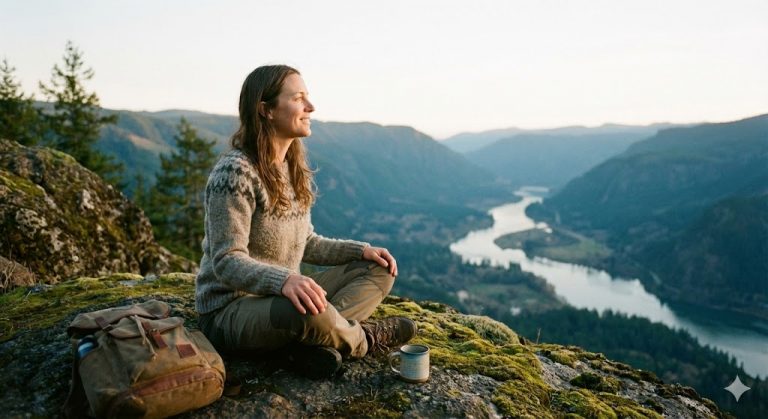 A woman sits on a mossy cliff edge, smiling as she looks out over a winding river canyon at sunset.